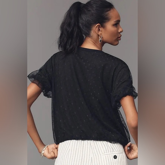 Anthropologie Dolan Mesh Dot Short Sleeve Bubble Top Size Large Black Crewneck - Picture 4 of 17